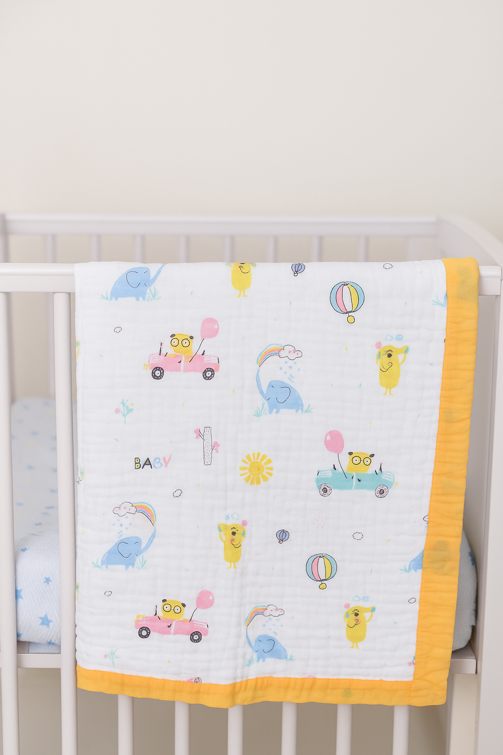 Muslin Cotton dohar for Kids-Yellow cars