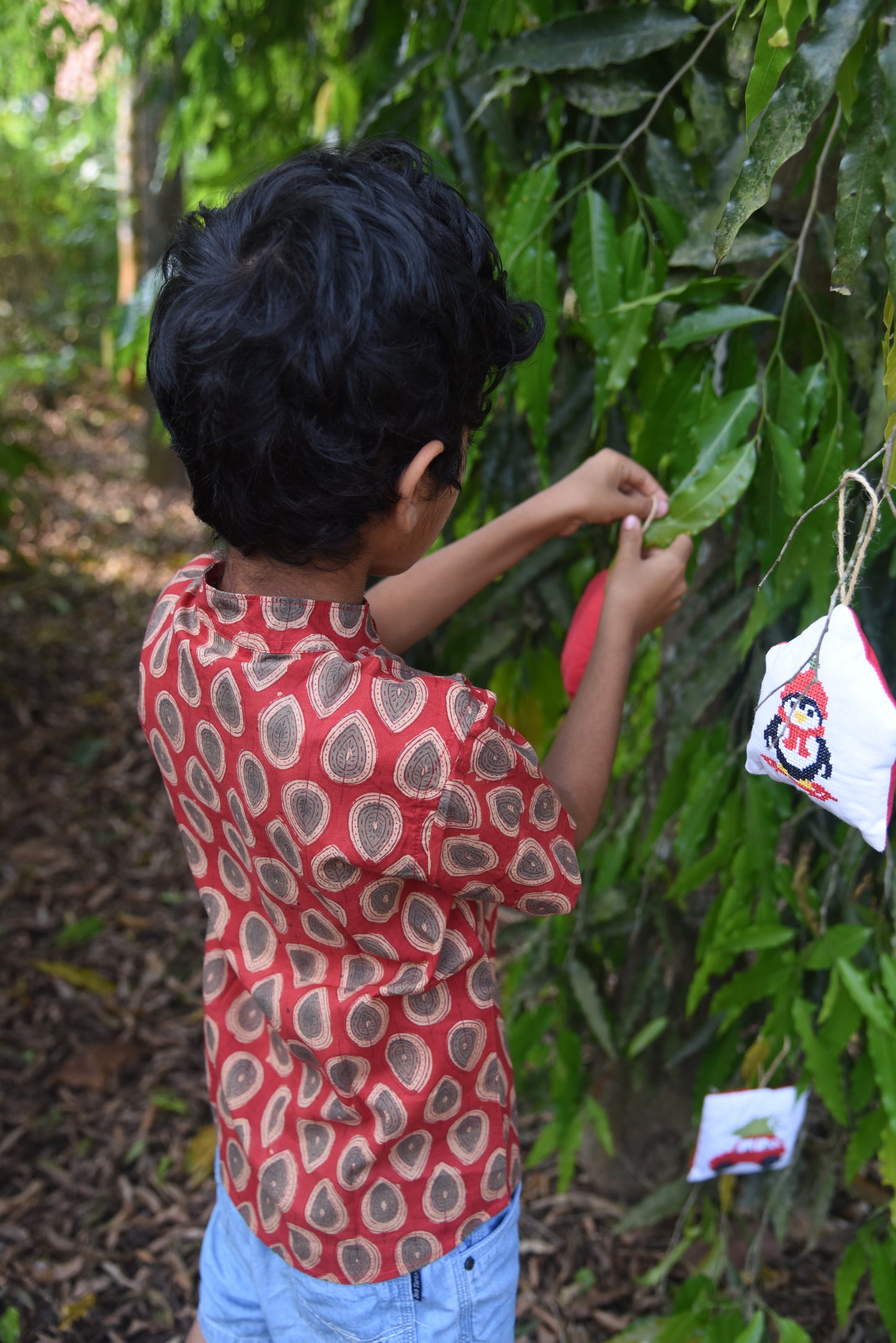 Kids Hand Block Printed Shirt - Red with leaf
