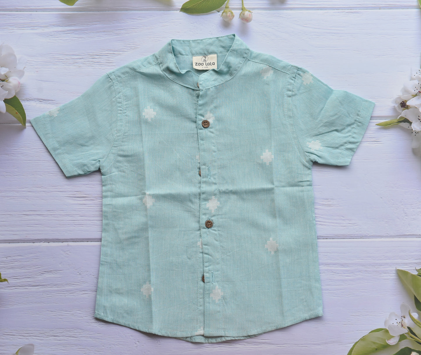 Boys Sets/Combo- Hand block shirt with linen shorts- Blue handloom