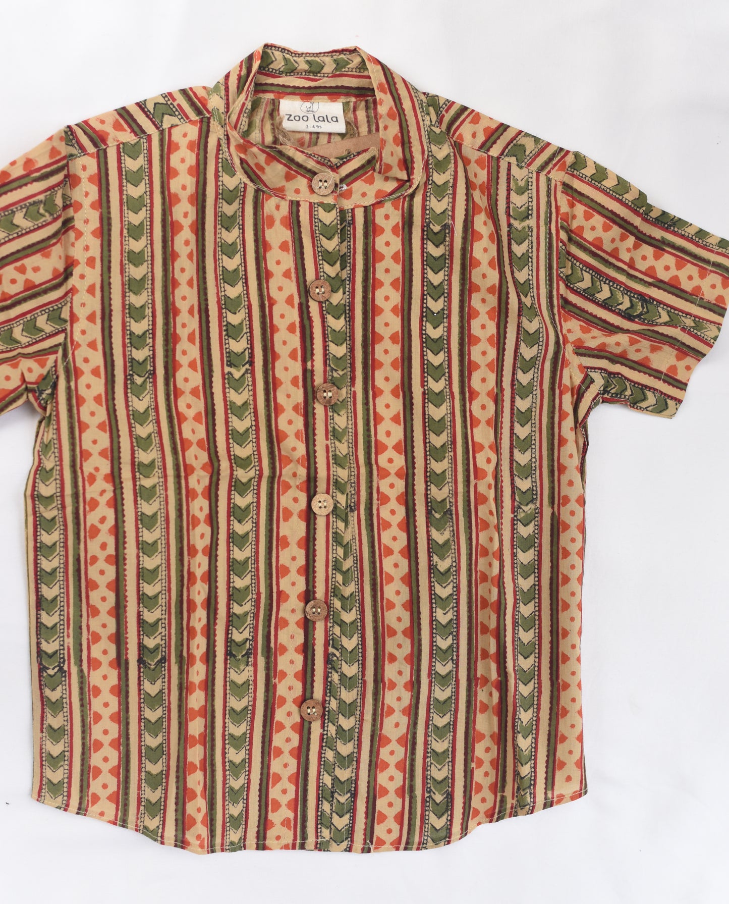 Kids Hand Block Printed Shirt - Red and beige stripes