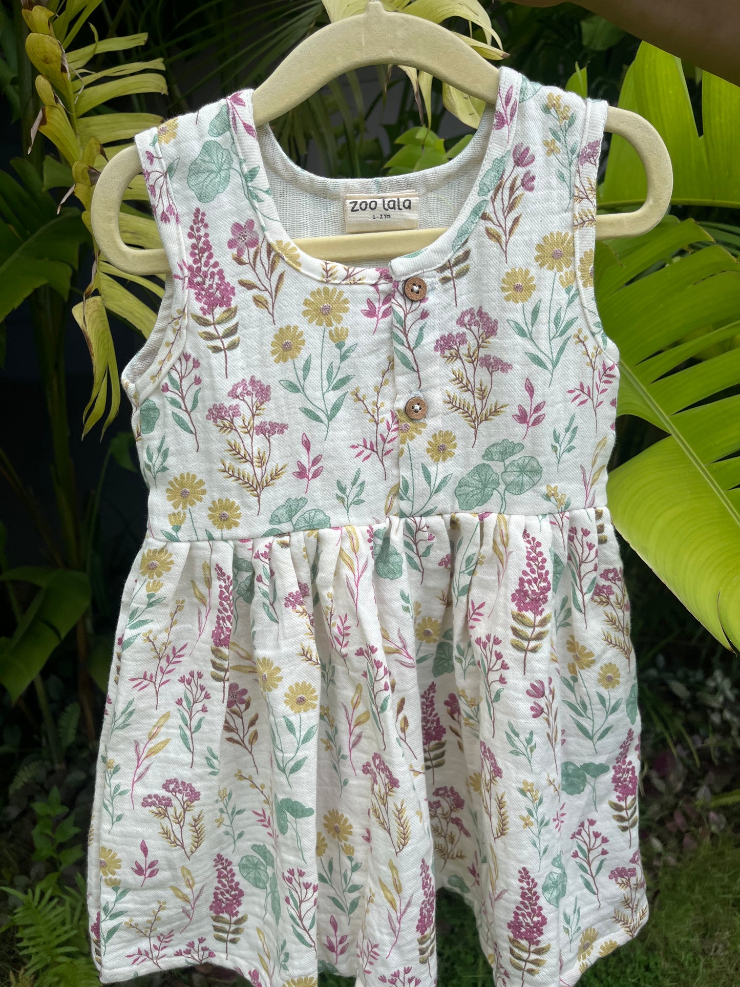 Soft Double Muslin floral frock- Beige