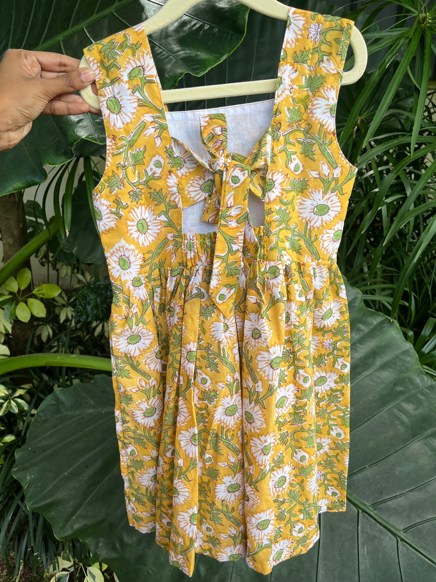 Yellow floral Handblock frock with back tie - with lining