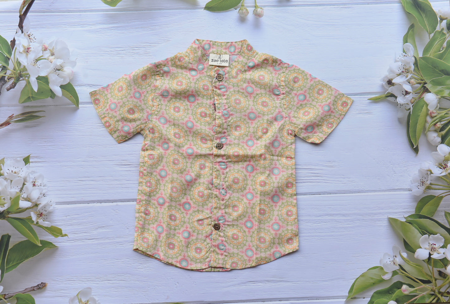 Cotton blend Shirt- Mandarin collar ( Pink and cream)