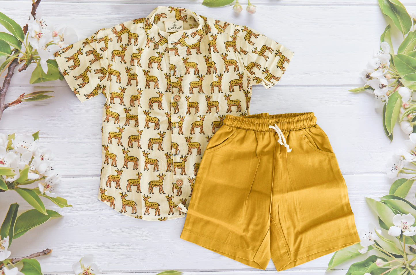 Boys Sets/Combo- Hand block shirt with linen shorts- Deer Print