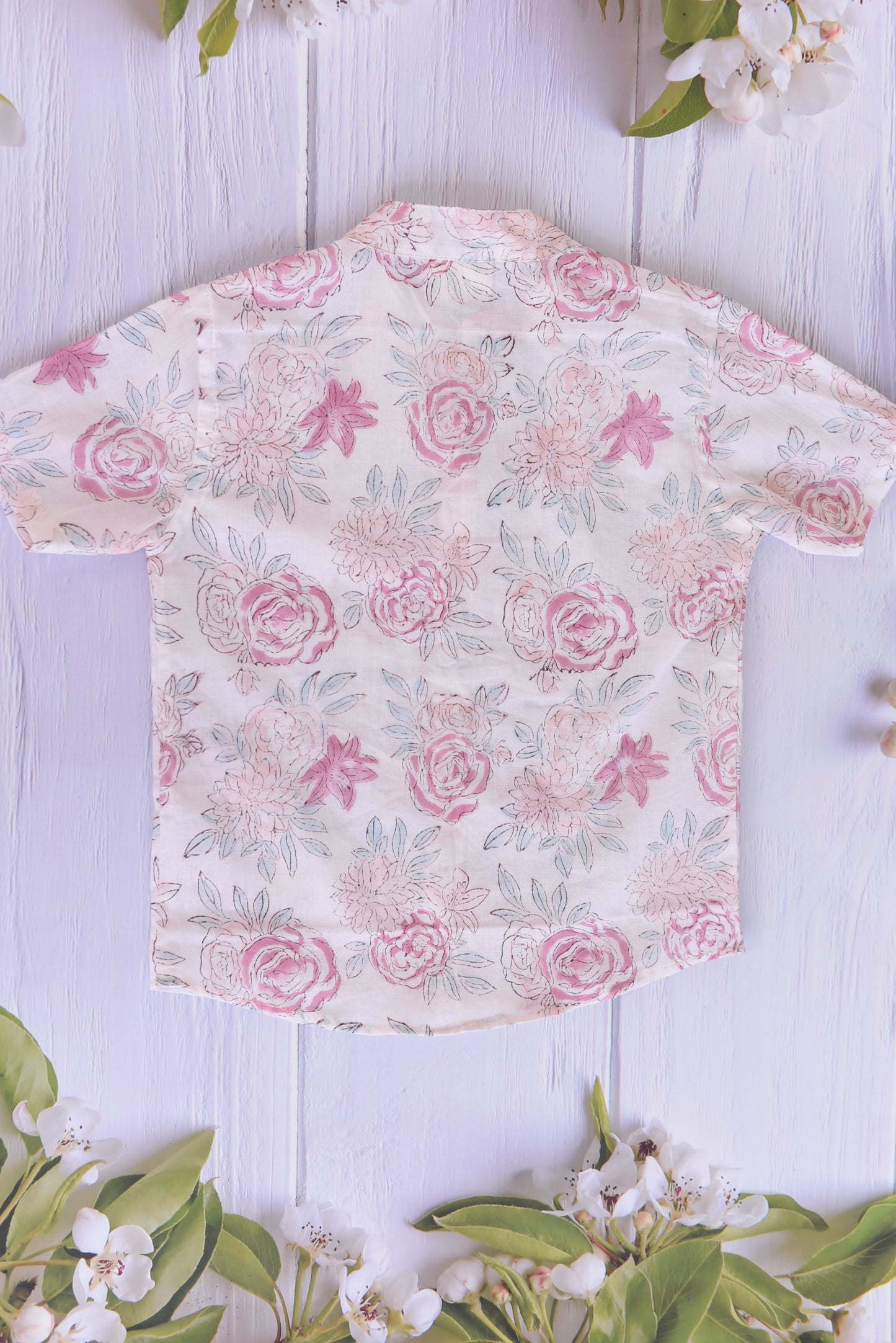 Kids Hand Block Printed Shirt - White roses