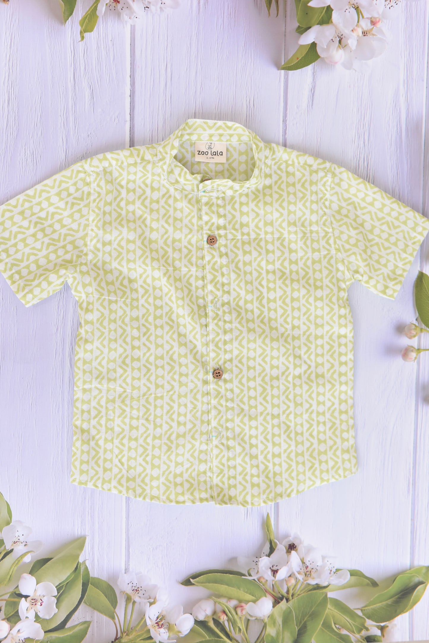 Kids Hand Block Printed Shirt - Green geometry