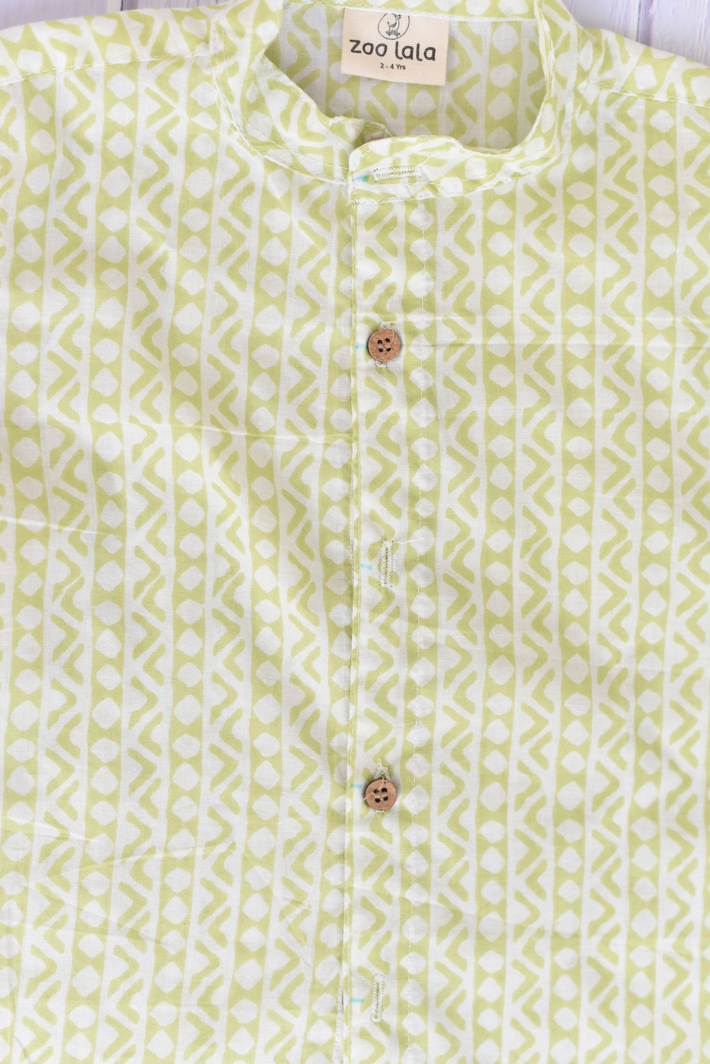 Kids Hand Block Printed Shirt - Green geometry