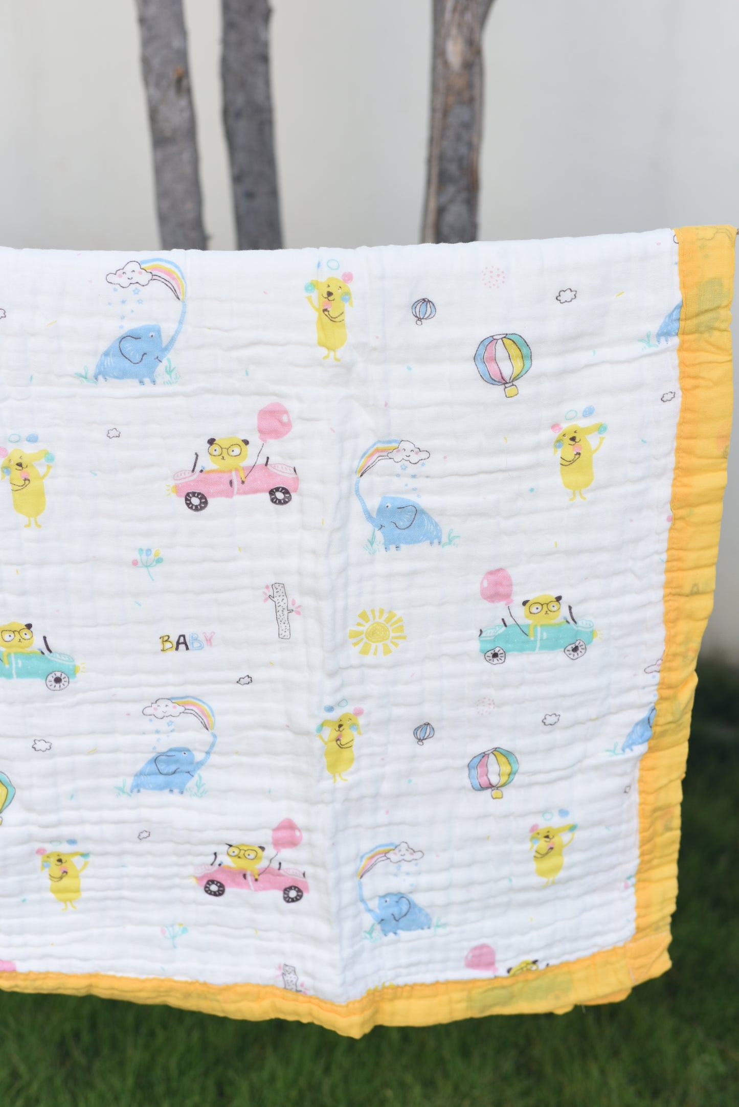 Muslin Cotton dohar for Kids-Yellow cars