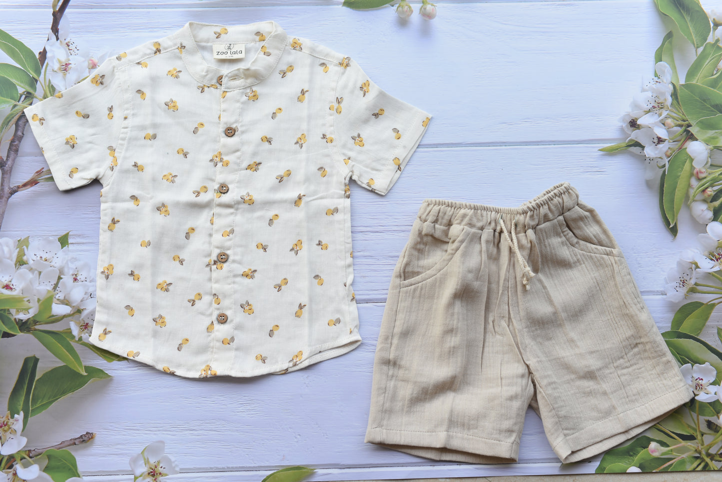 Boys muslin co-ord sets- white lemon shirt with grey shorts