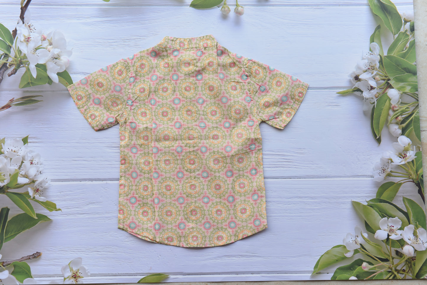 Cotton blend Shirt- Mandarin collar ( Pink and cream)