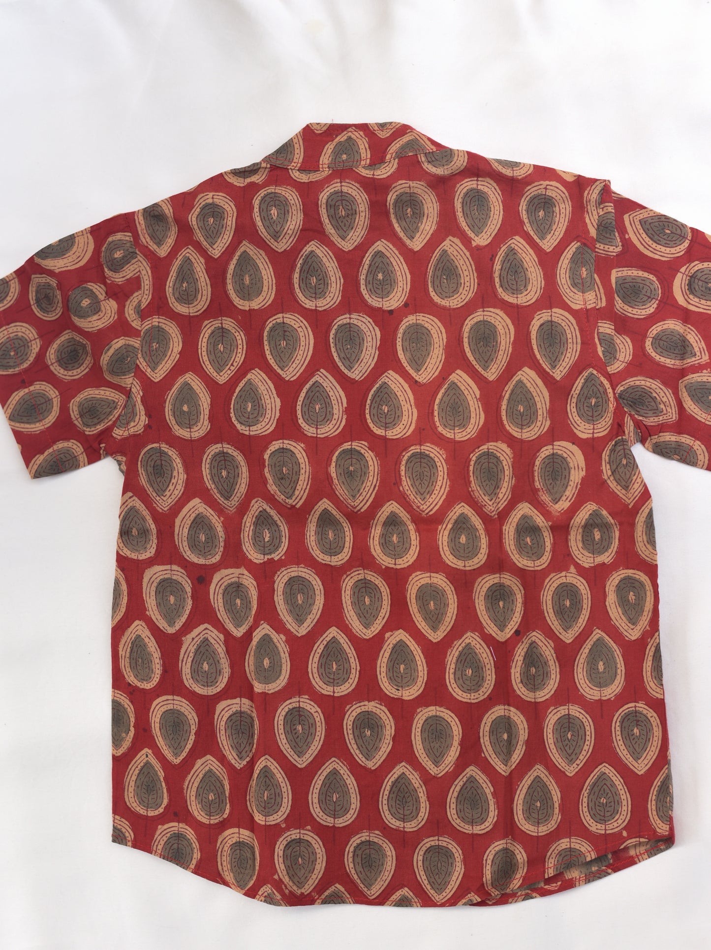 Kids Hand Block Printed Shirt - Red with leaf