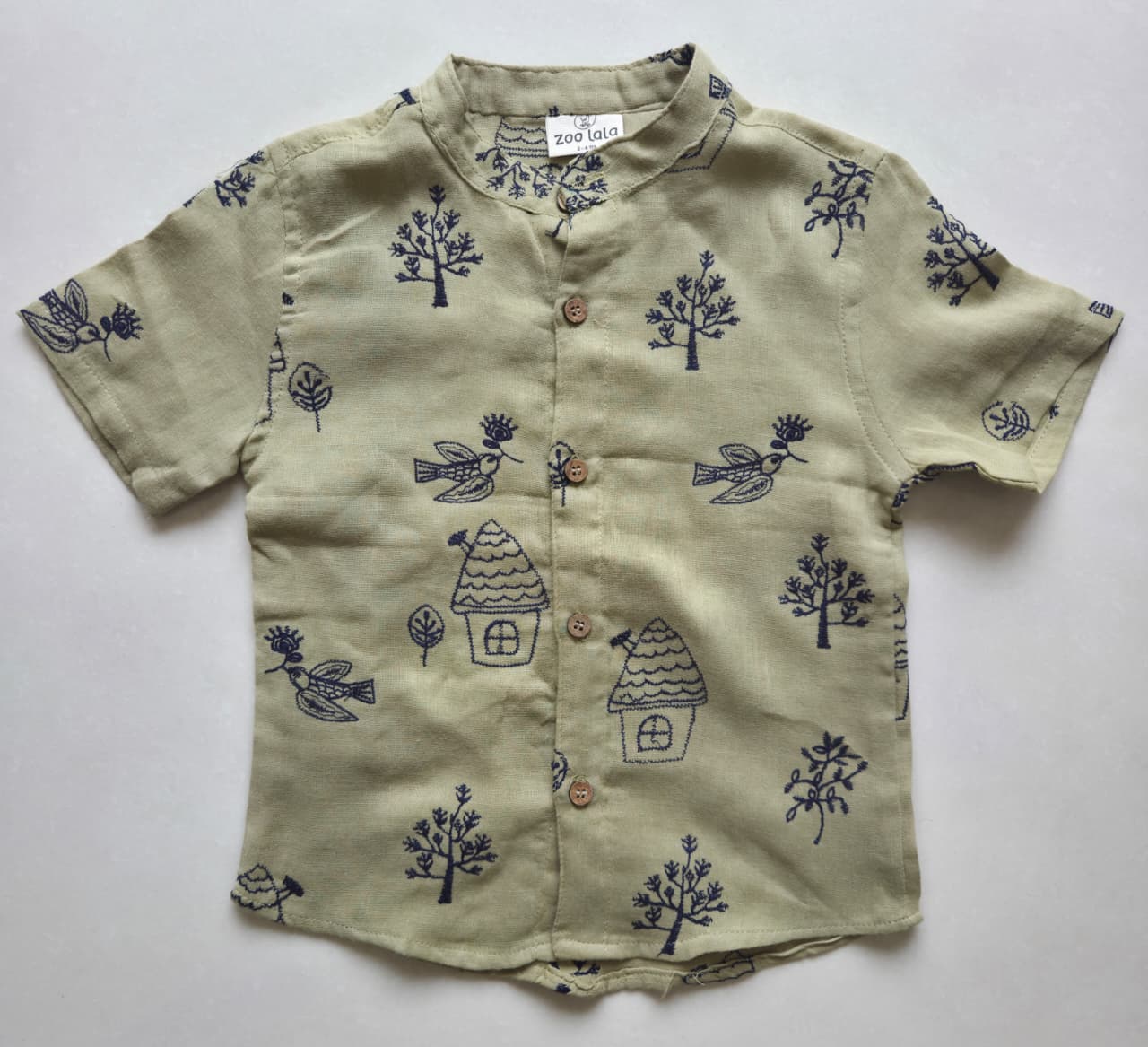 Muslin Shirt Green - Mandarin collar with Embroidery