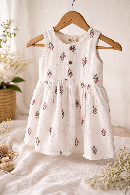 Soft Double Muslin floral frock- White with lining