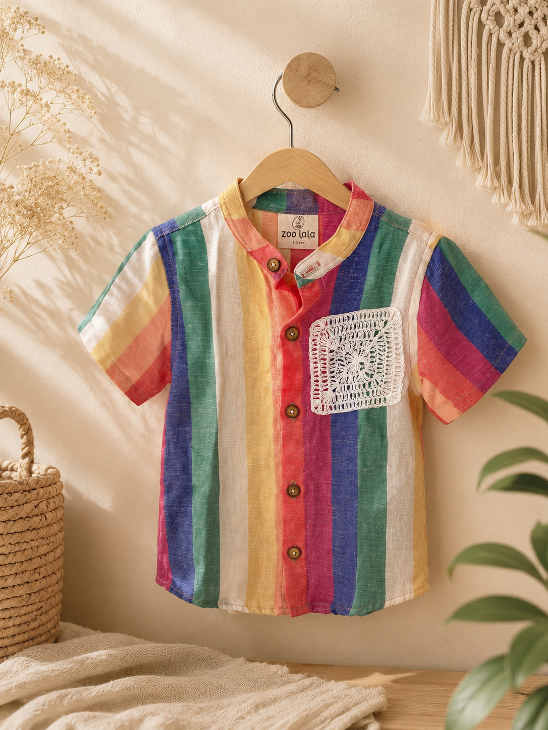 Muslin Shirt- Mandarin collar multicoloured crochet
