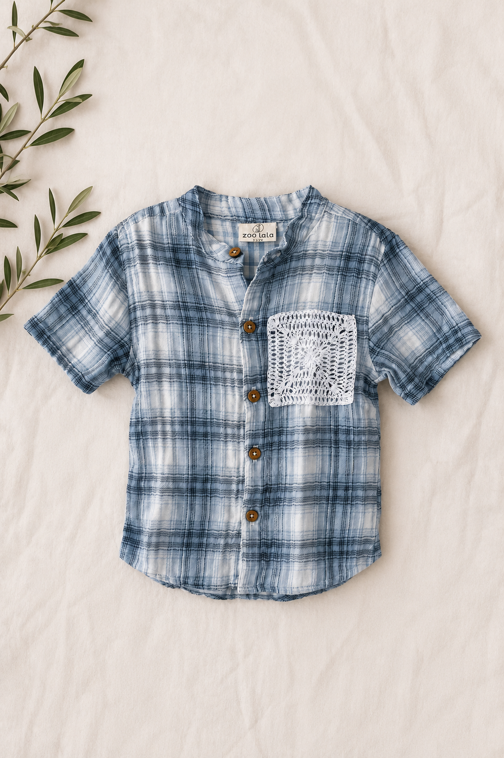 Muslin Shirt- Mandarin collar blue crochet