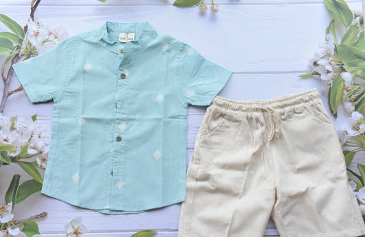 Boys Sets/Combo- Hand block shirt with linen shorts- Blue handloom