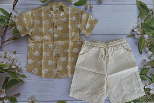 Boys Sets/Combo- Hand block shirt with linen shorts- Sea shells