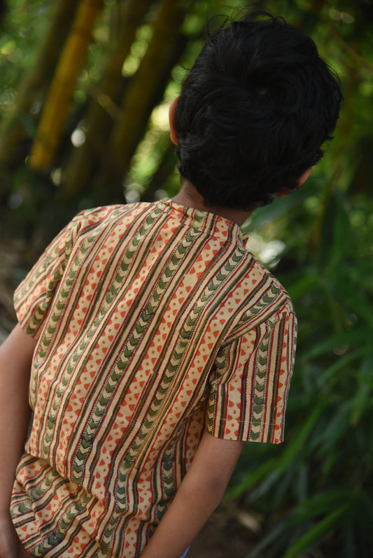 Kids Hand Block Printed Shirt - Red and beige stripes