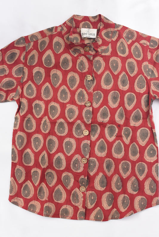 Kids Hand Block Printed Shirt - Red with  leaf