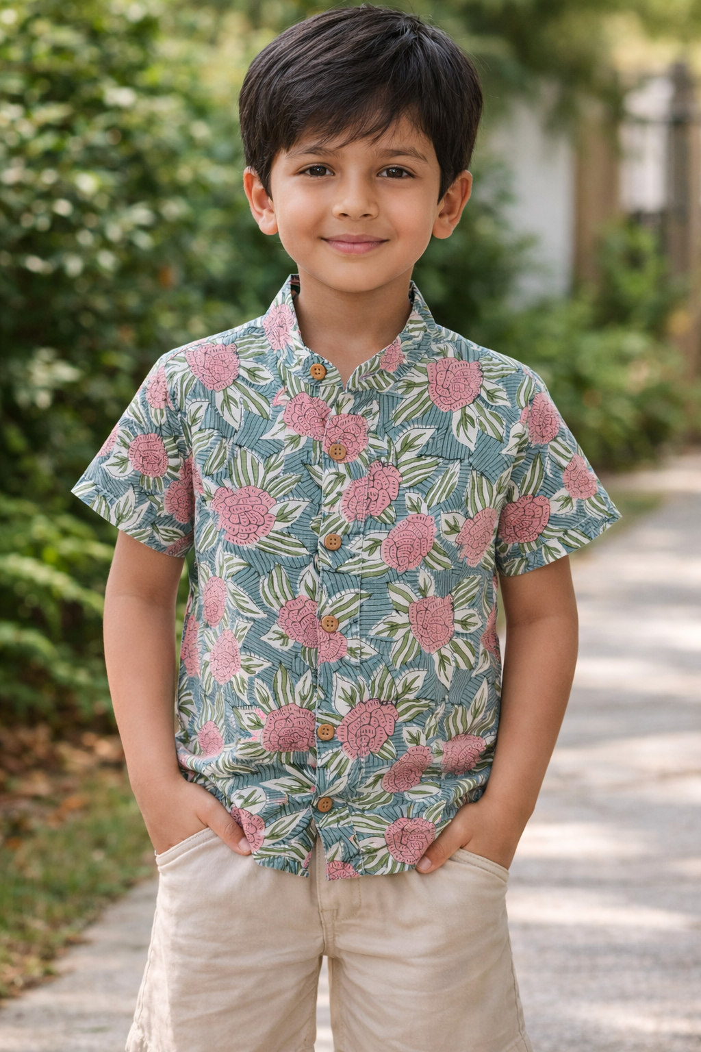 Kids Hand Block Printed Shirt - Blue floral