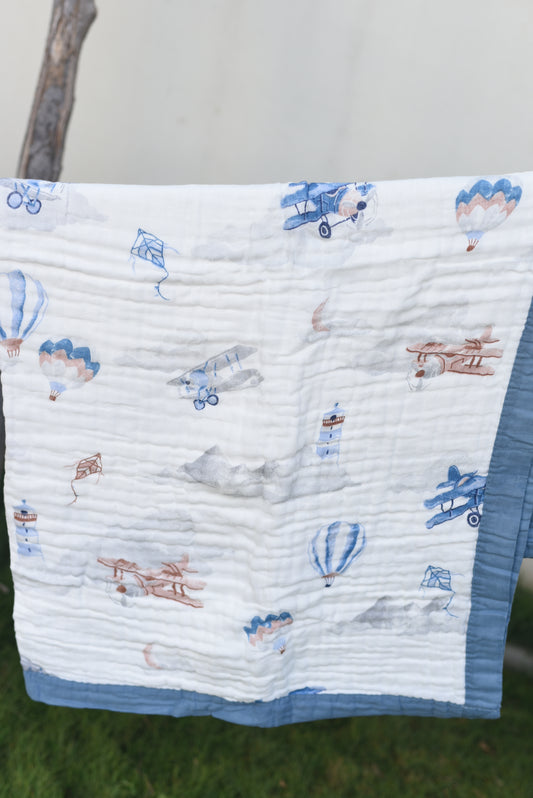 Muslin Cotton dohar for Kids- Blue aircrafts