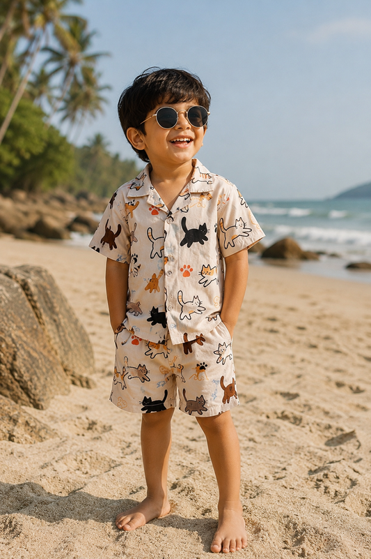 Unisex Kids Cotton Co-Ord Sets - Cat