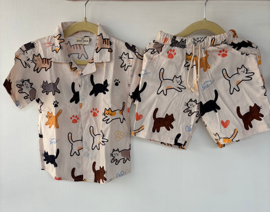 Unisex Kids Cotton Co-Ord Sets - Cat