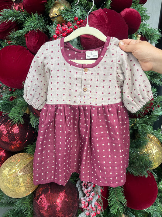 Red & Beige muslin frock  with dots