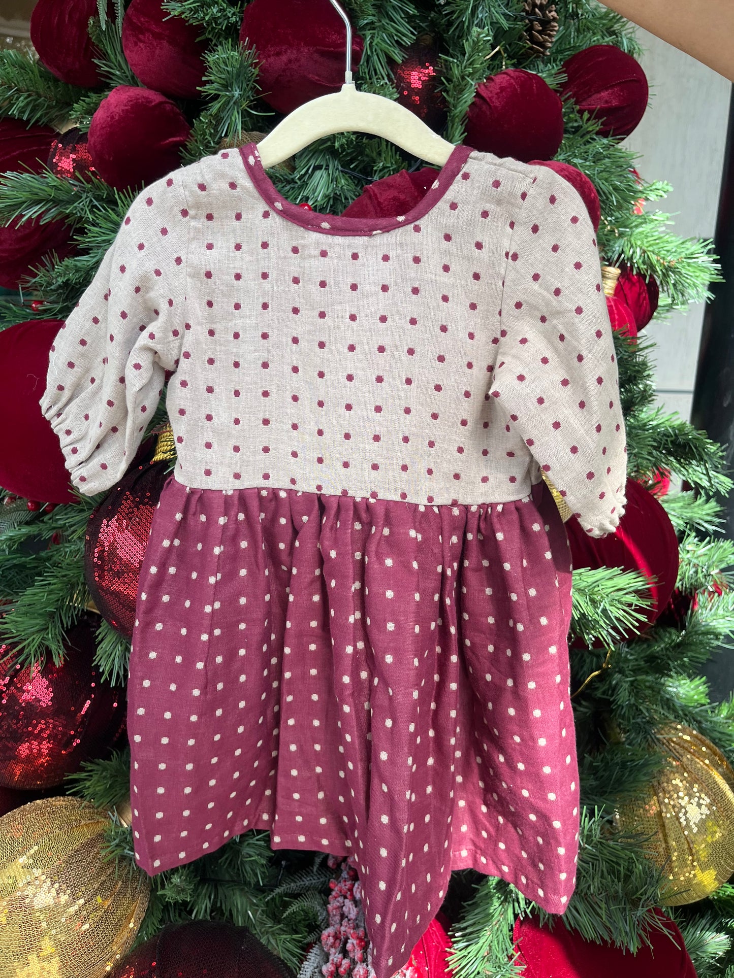 Red & Beige muslin frock  with dots