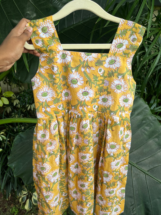 Yellow floral Handblock frock with back tie - with lining