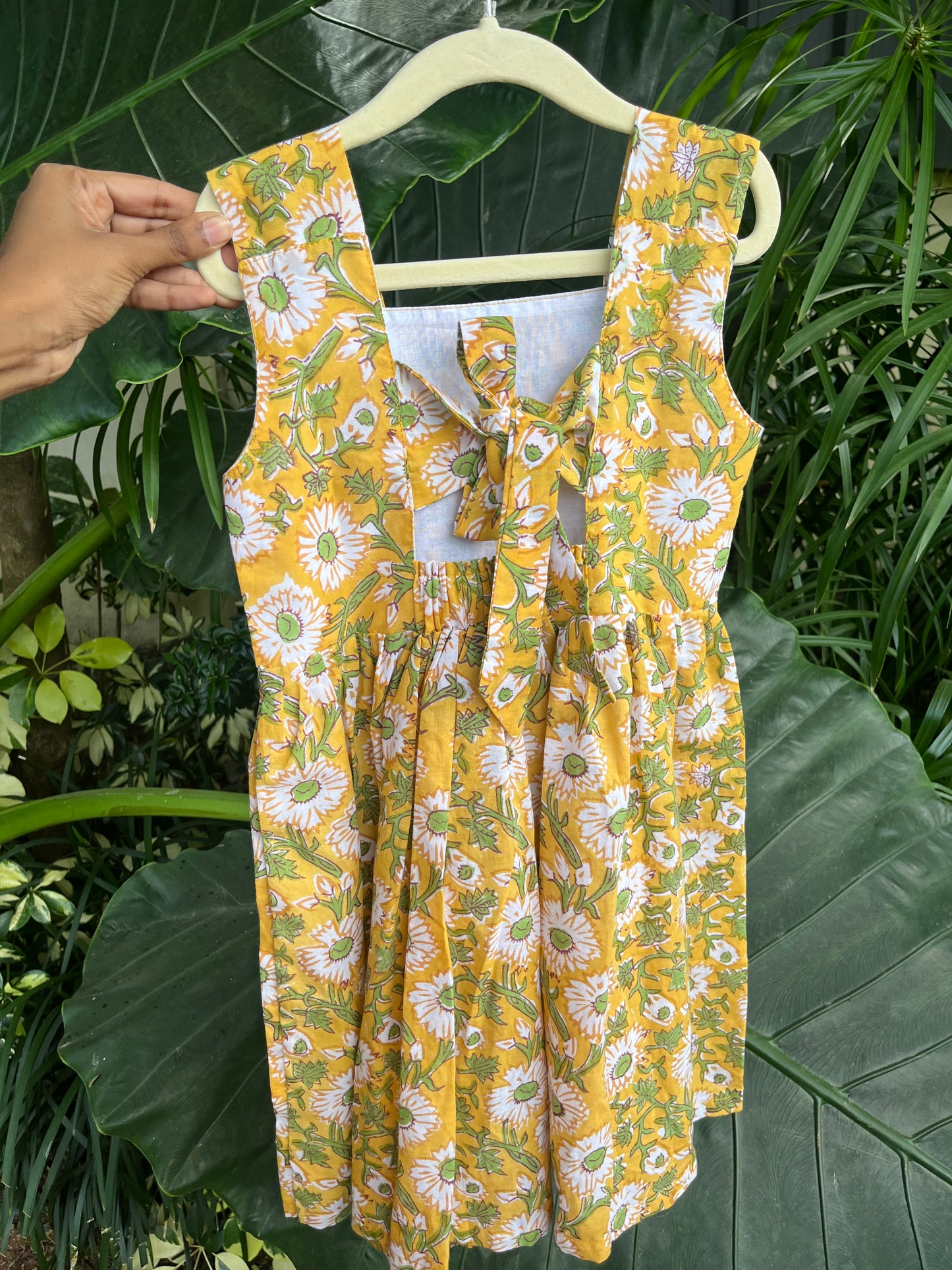 Yellow floral Handblock frock with back tie - with lining
