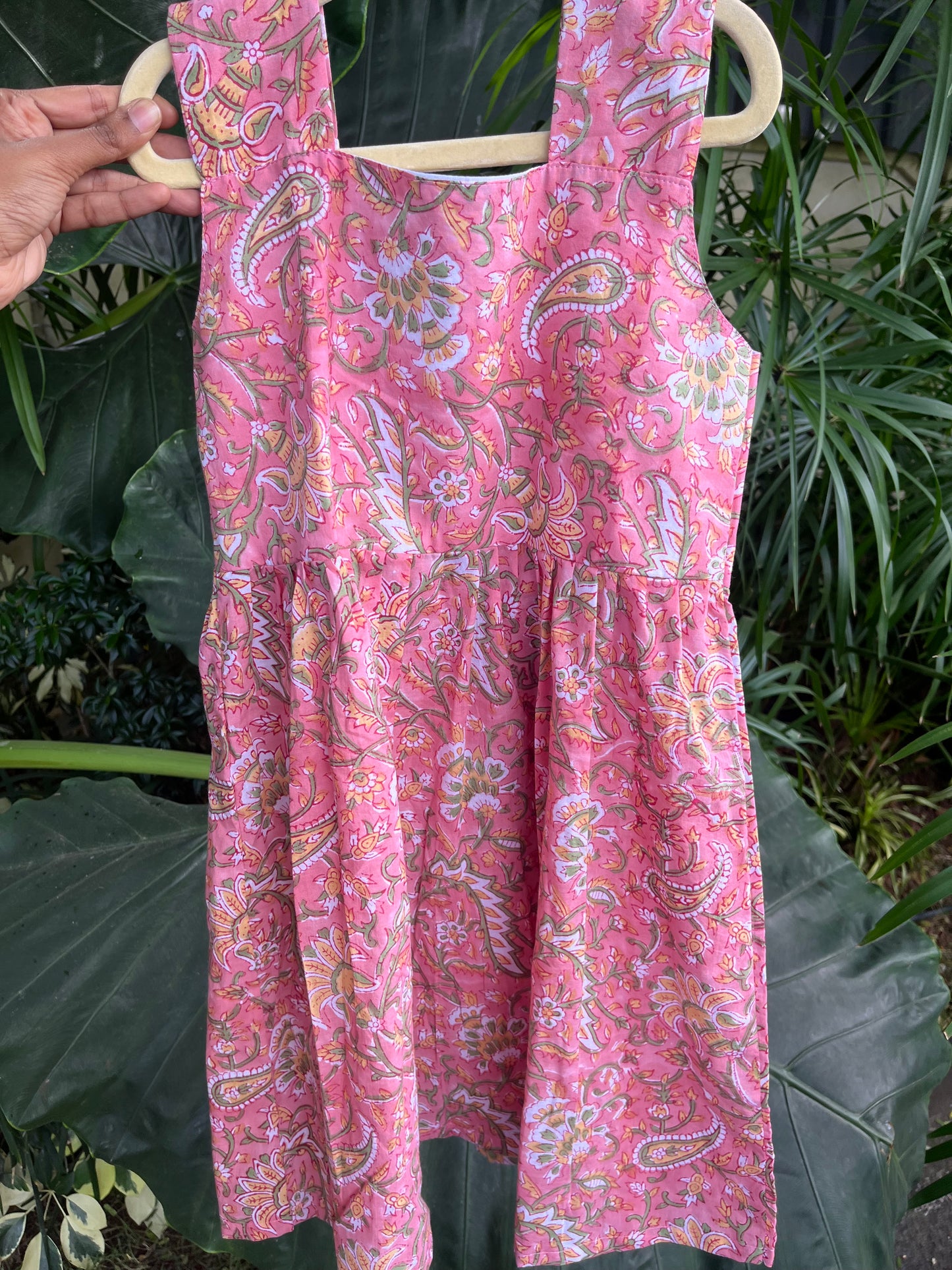 Pink floral Handblock frock with back tie - with lining