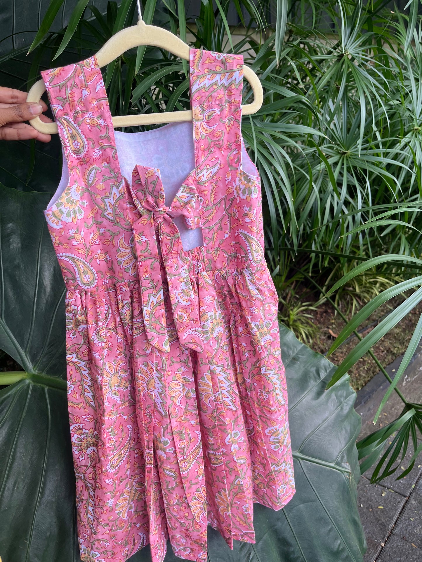 Pink floral Handblock frock with back tie - with lining