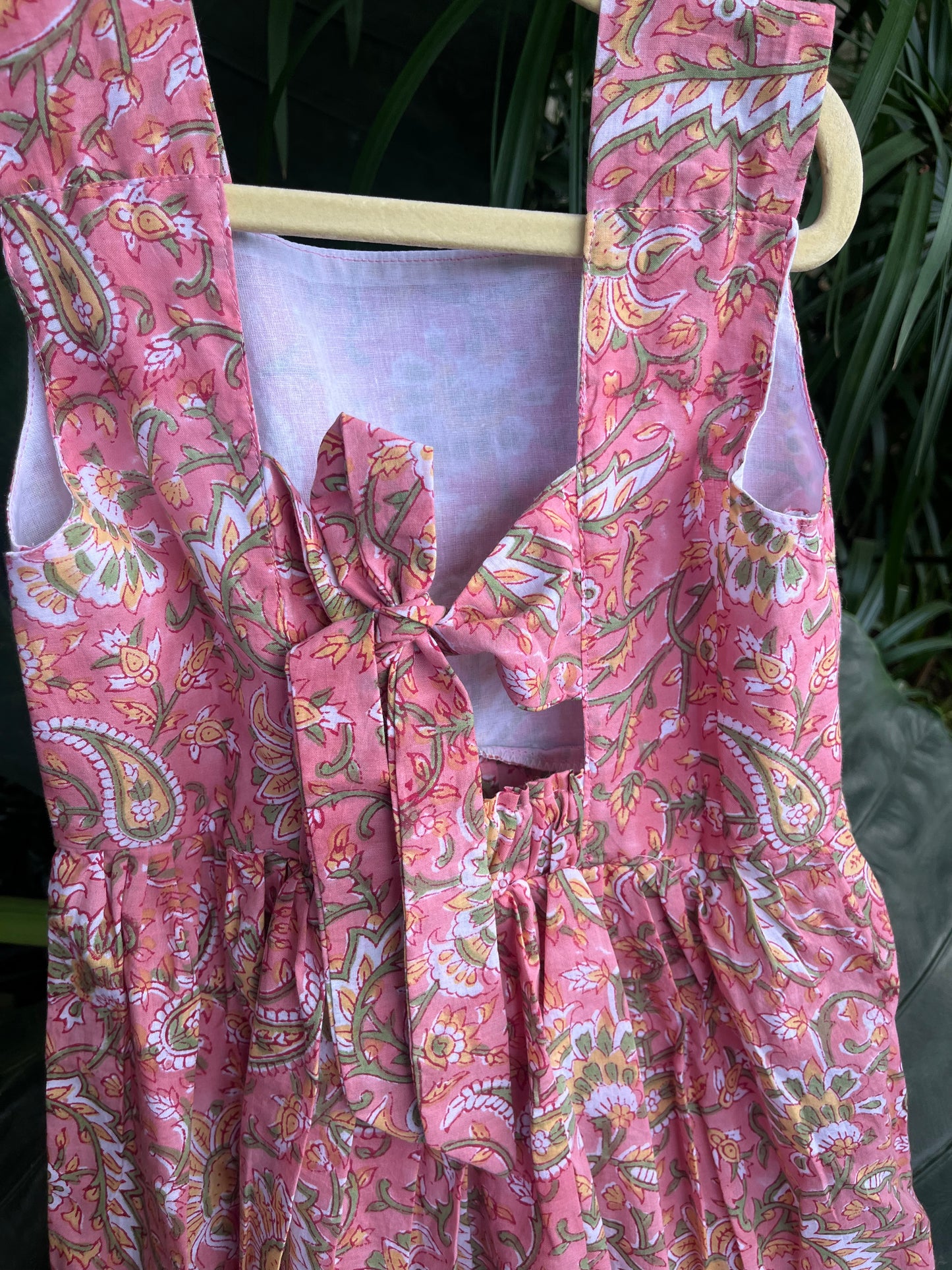 Pink floral Handblock frock with back tie - with lining