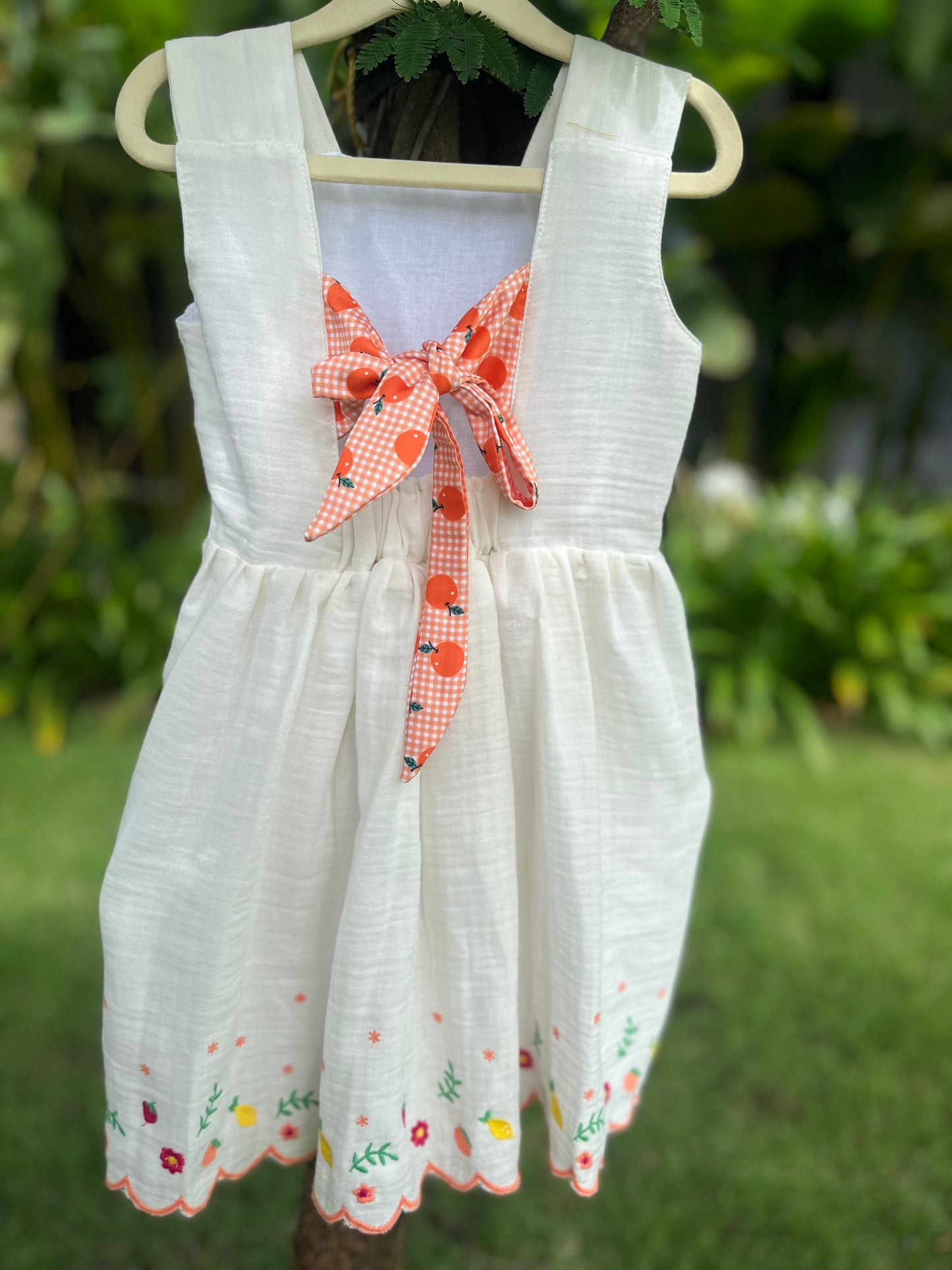 Emboidery Muslin frock with back tie - with lining