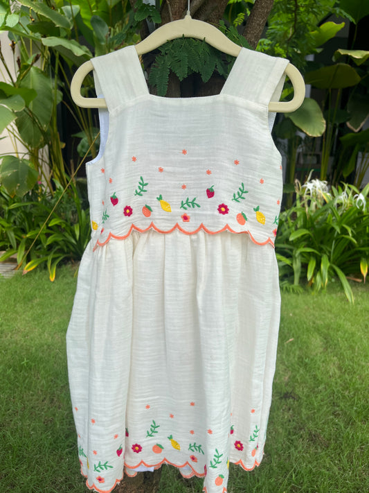 Emboidery Muslin frock with back tie - with lining