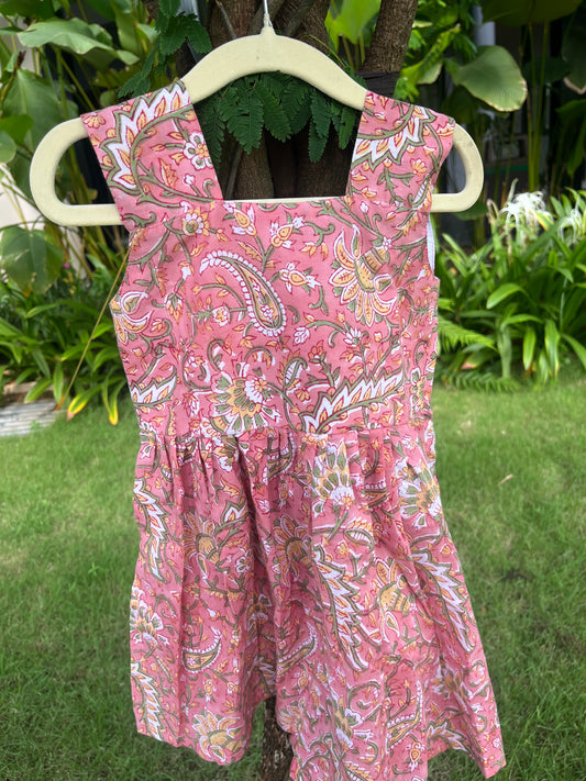 Pink floral Handblock frock with back tie - with lining