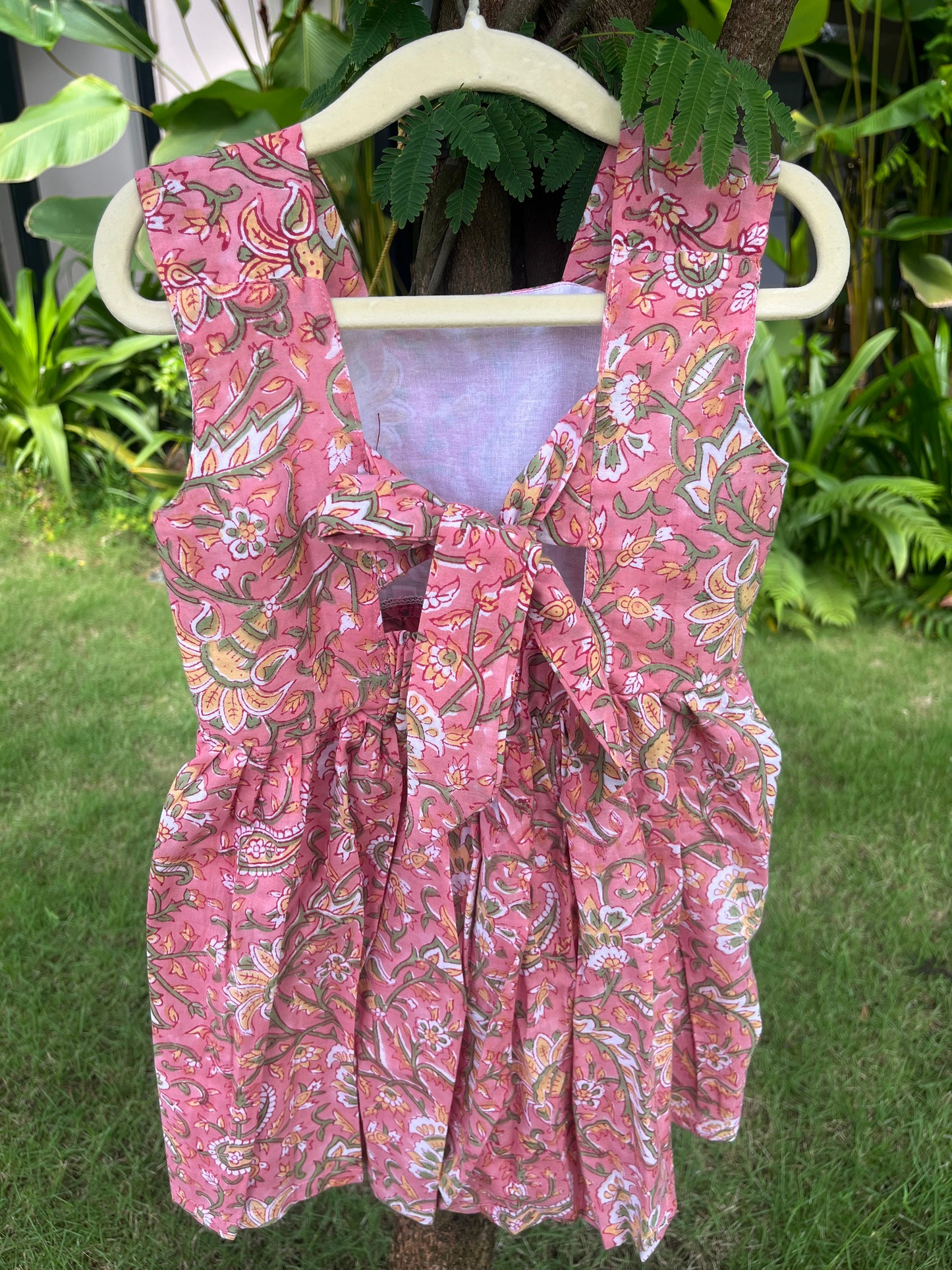 Pink floral Handblock frock with back tie - with lining