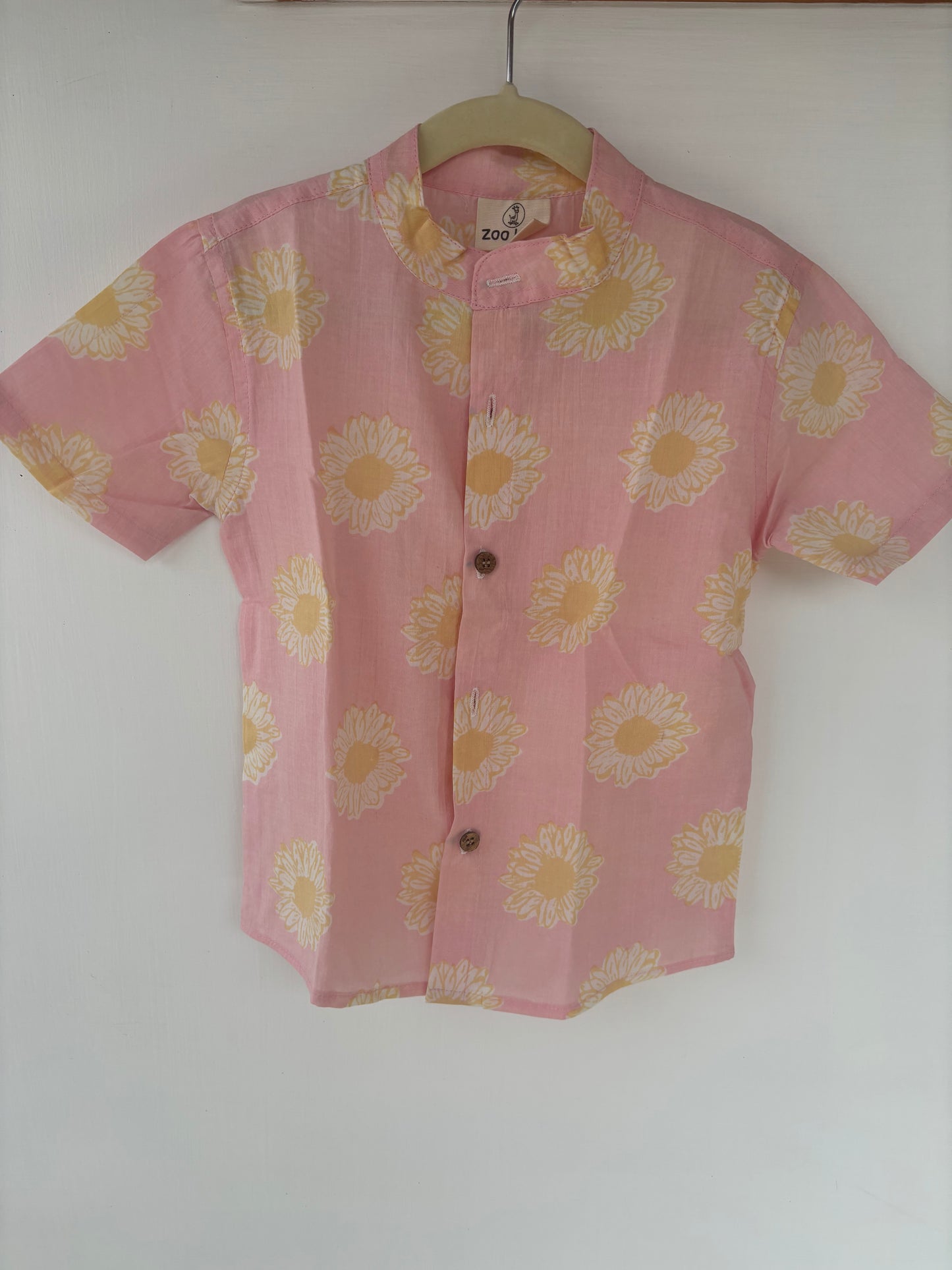 Kids Hand Block Printed Shirt - Pink daisy floral