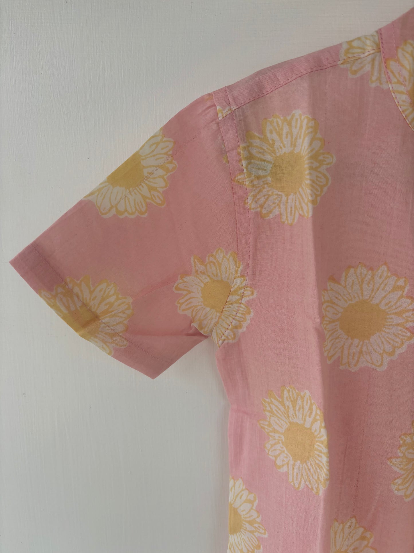 Kids Hand Block Printed Shirt - Pink daisy floral
