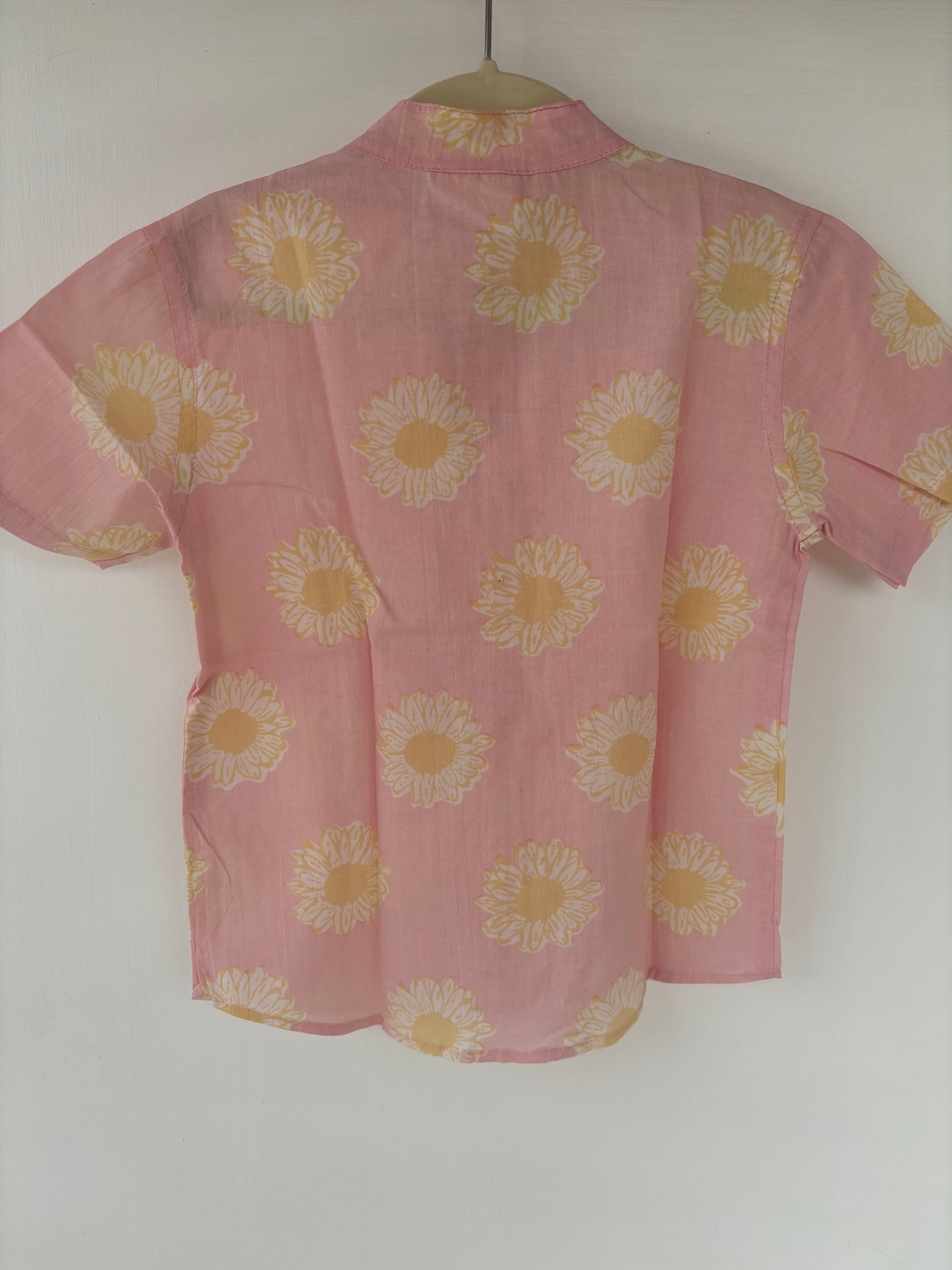 Kids Hand Block Printed Shirt - Pink daisy floral