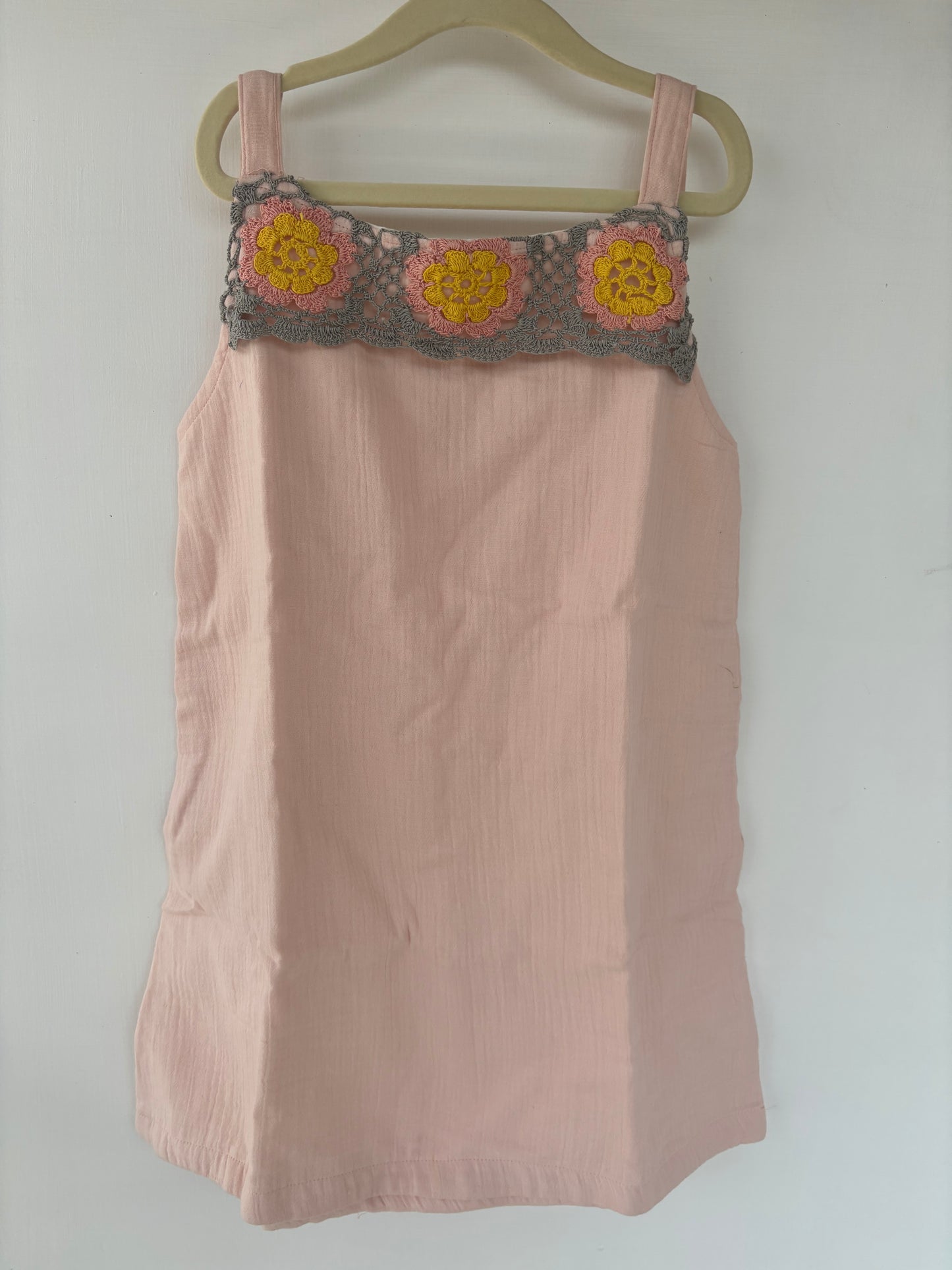 A line Muslin Mini pinafore dress with crochet