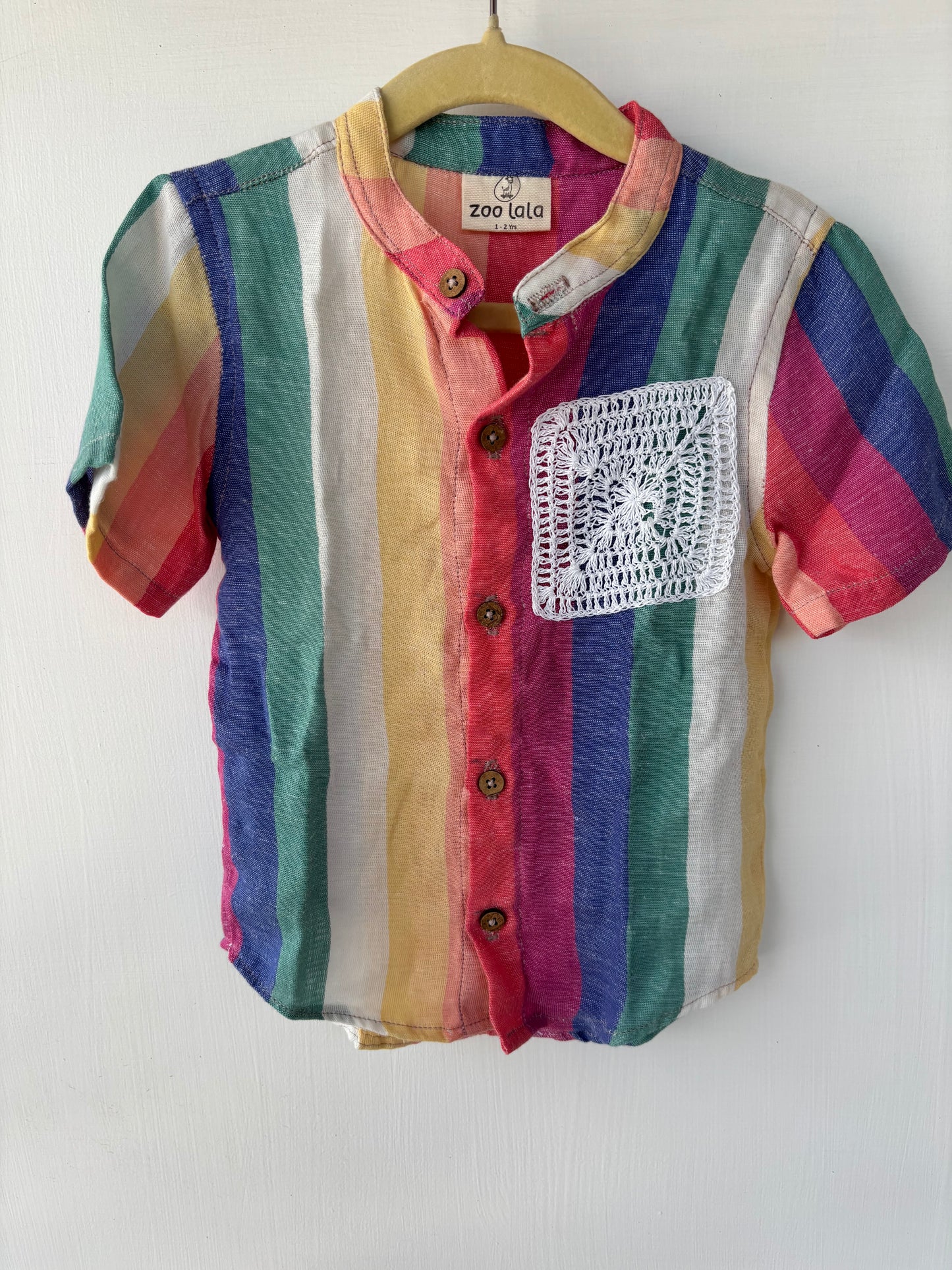 Muslin Shirt- Mandarin collar multicoloured crochet