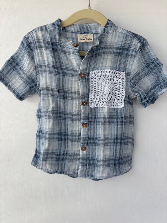 Muslin Shirt- Mandarin collar blue crochet