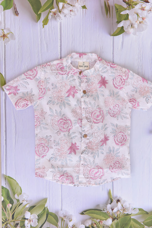 Kids Hand Block Printed Shirt - White roses