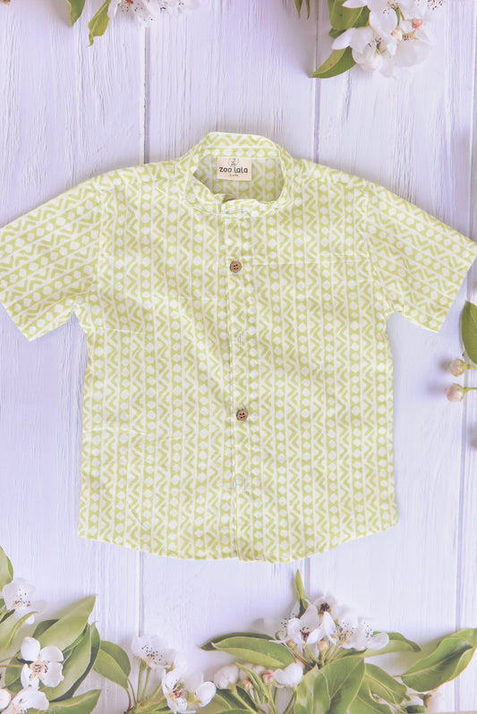 Kids Hand Block Printed Shirt - Green geometry