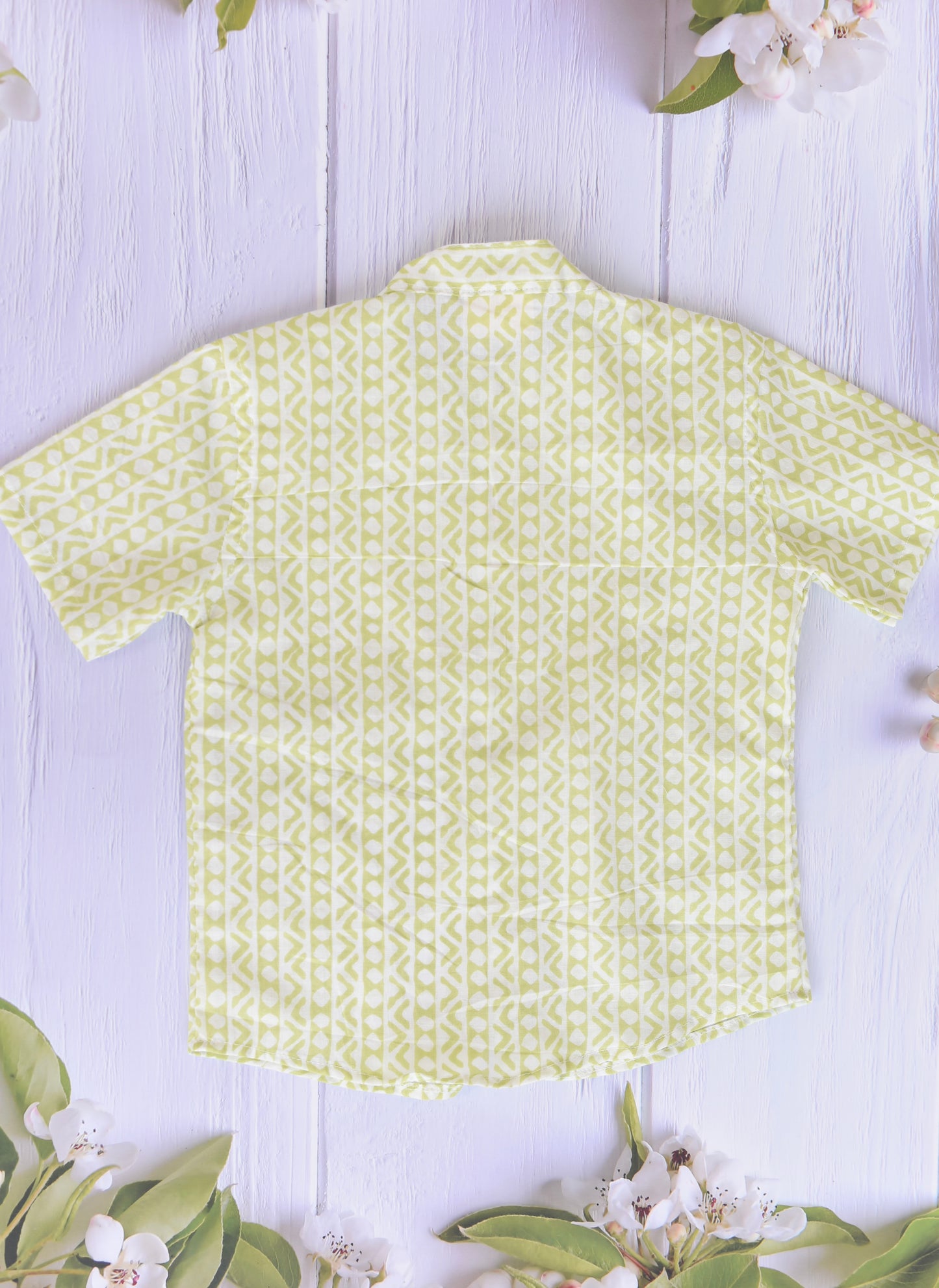 Kids Hand Block Printed Shirt - Green geometry