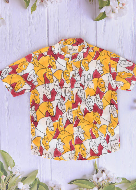 Kids Hand Block Printed Shirt - Red horse