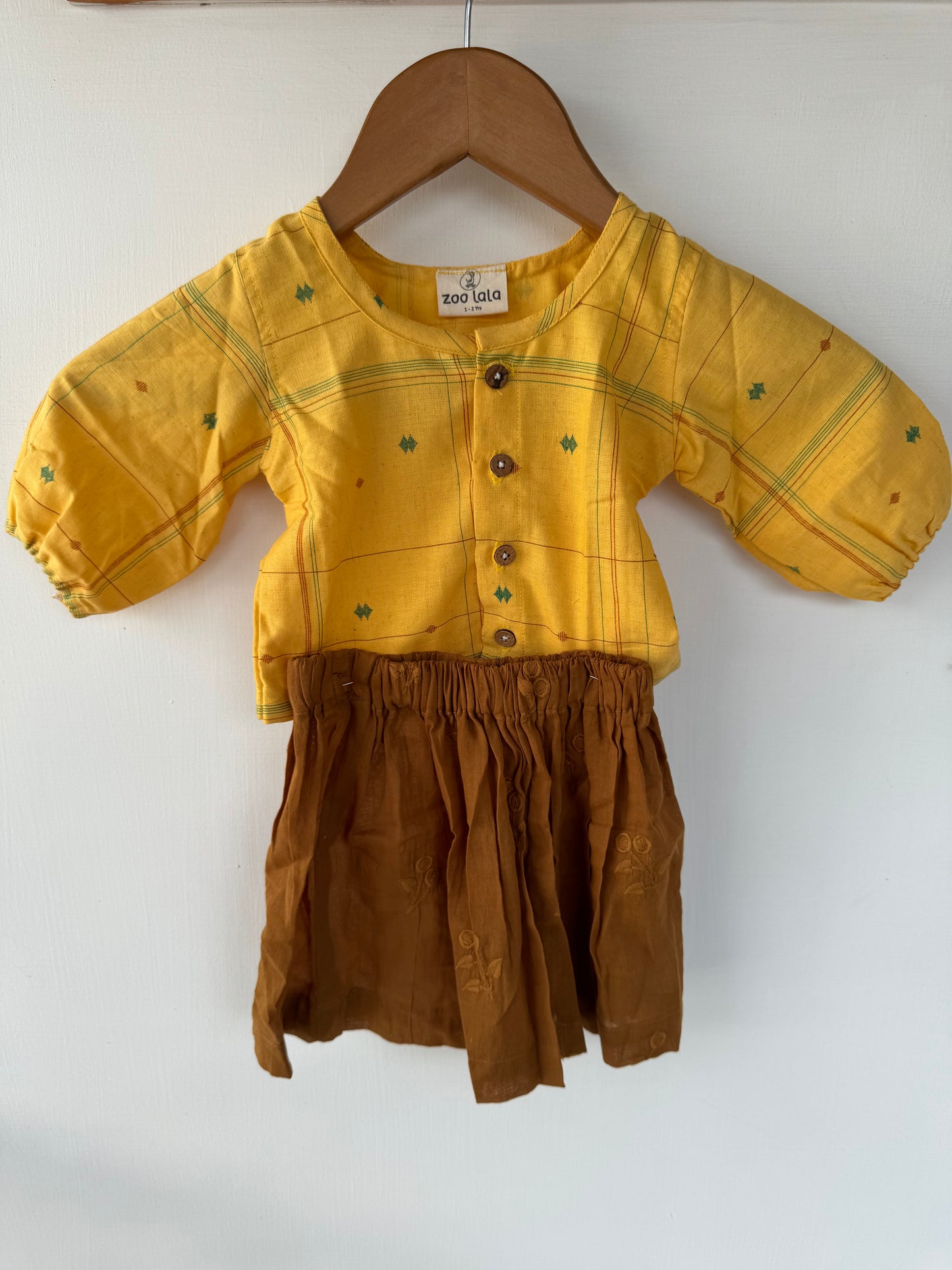 Cotton Crop top and skirt- Mustard and Brown