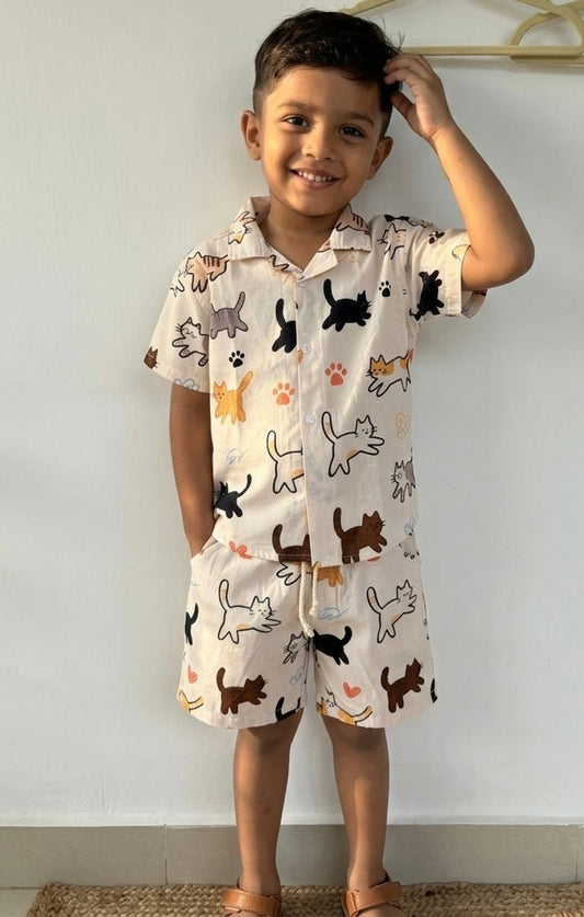 Unisex Kids Cotton Co-Ord Sets - Cat